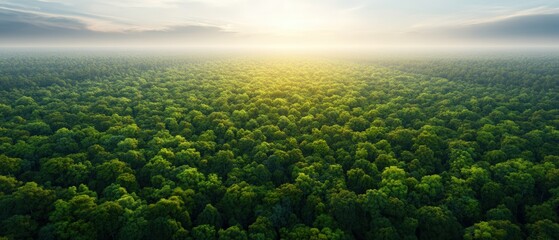 Obraz premium An aerial panorama view showcases lush green tree canopy under the morning sky with soft sunlight.
