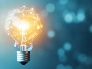 A glowing light bulb over a blurred blue background, symbolizing creativity, innovation, and bright ideas in technology.