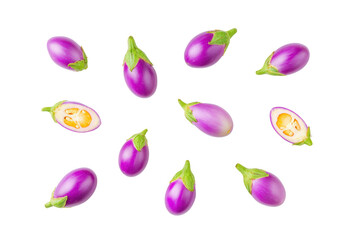 Mini eggplant slender purple strips diagonal line flatlay isolated on transparent background