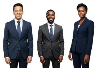 Studio portrait of three diverse young adult business professionals, two males and one female, wearing suits against a transparent background.