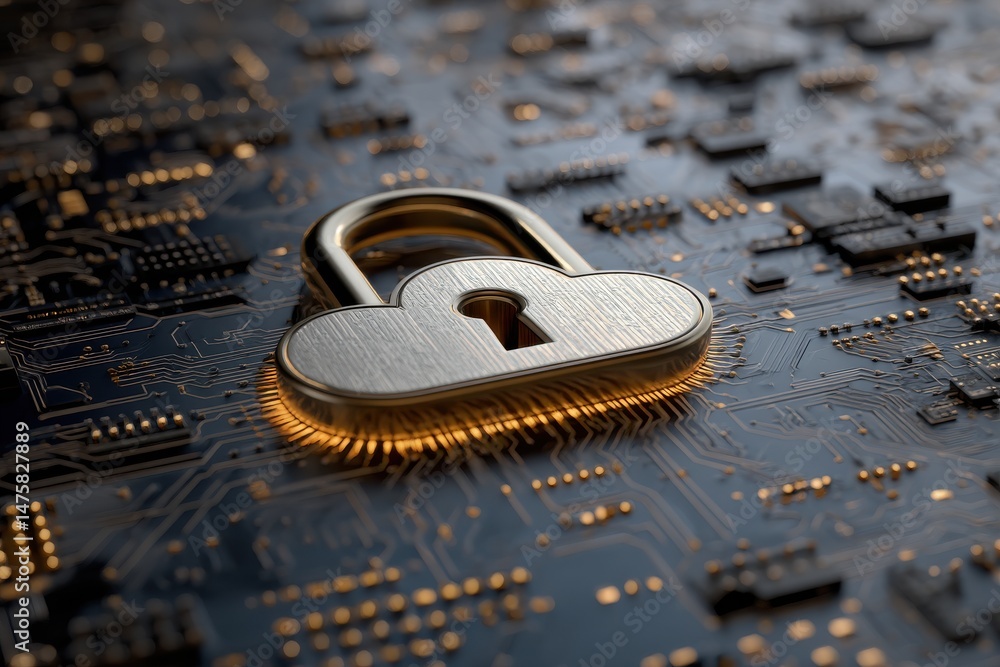 Poster a golden cloud padlock rests on a circuit board, symbolizing data security and cloud computing innov
