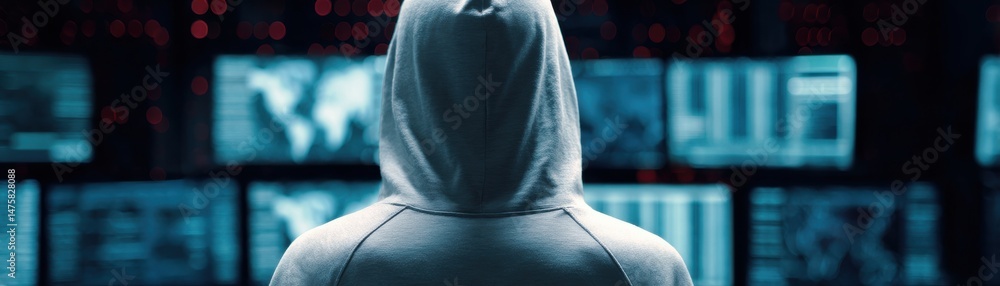 Poster a hooded figure observes multiple screens in a dark room, representing the world of hacking and cybe