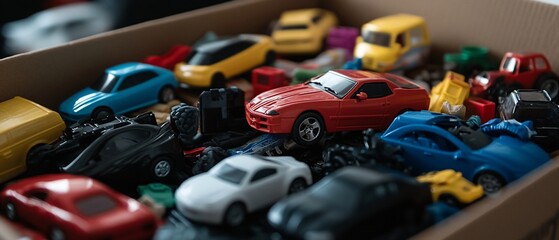 Colorful toy cars in a box