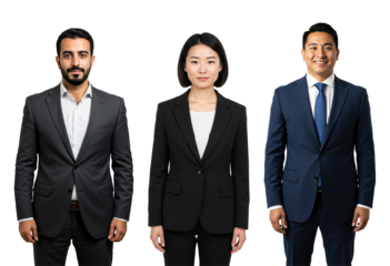 Studio portrait of three diverse business professionals, two adult males and one adult female, wearing formal suits against a transparent background.