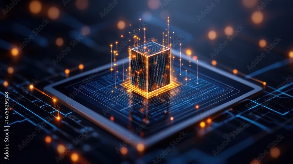 Poster an abstract cube glows with data streams and connections, representing advanced digital technologies