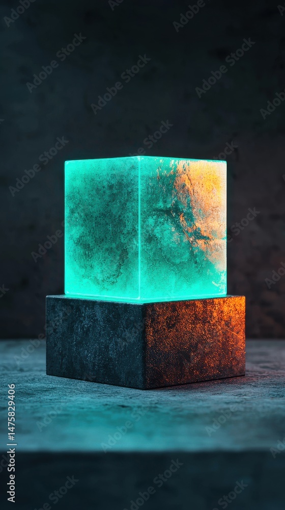 Poster a modern illuminated cube showcasing vibrant colors and textures against a dark backdrop, perfect fo