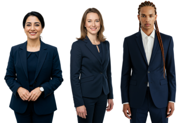 Three diverse business professionals, two women and one man in their 20s to 40s, standing together in navy suits against a transparent background