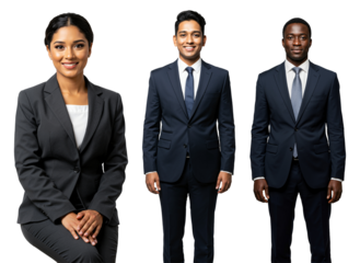 Diverse group of three smiling business professionals, including a South Asian woman and two men (South Asian and African descent), wearing suits in a studio setting.