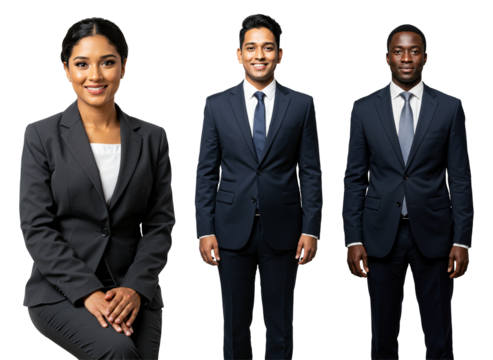 Diverse group of three smiling business professionals, including a South Asian woman and two men (South Asian and African descent), wearing suits in a studio setting.