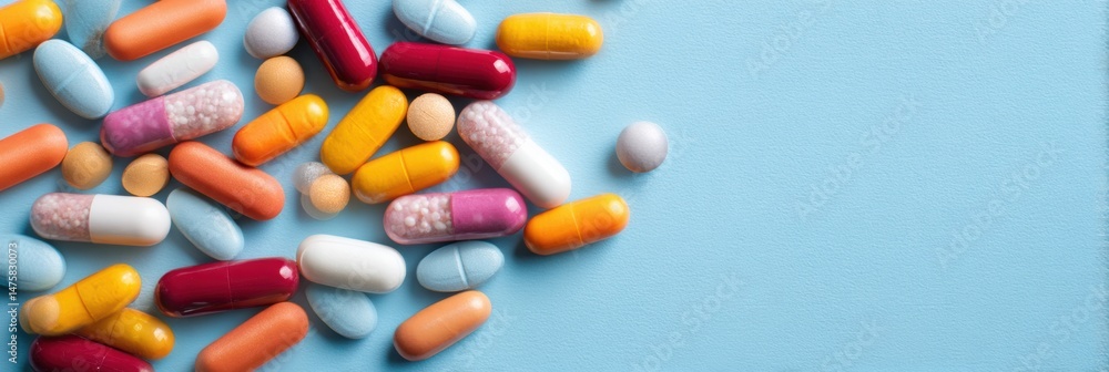 Aufkleber colorful assortment of pills scattered on light blue background showcasing different shapes and size