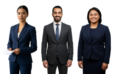 Three diverse young adult business professionals, two women and one man, wearing suits and smiling, standing against a transparent background
