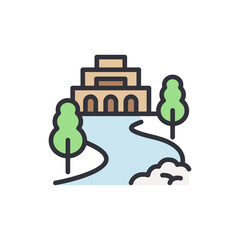 Ancient Architecture By Calm River With Trees Icon Illustration
