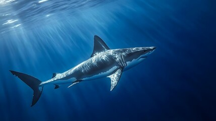 Fototapeta premium Powerful oceanic predator swimming in deep blue water.