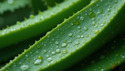 Close-up of Fresh Aloe Vera Leaves with Water Droplets Glimmering in Natural Light