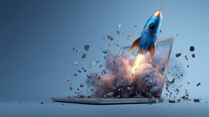  ノートパソコンから飛び出すロケットと爆発エフェクトビジネス爆上げ