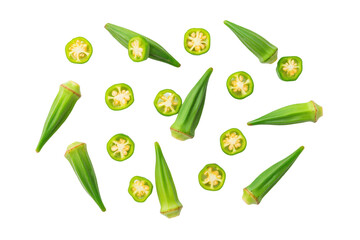 Whole fresh okra pods isolated commercial food photo on transparent background studio lighting