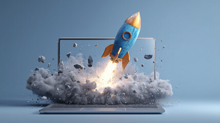  ノートパソコンから飛び出すロケットと爆発エフェクトビジネス爆上げ
