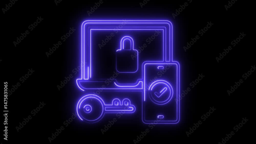 Poster neon style two factor authentication security with laptop key phone symbol glowing