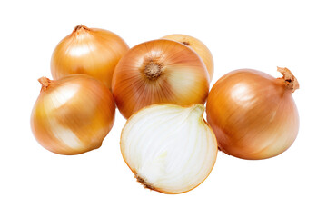 Whole yellow onion isolated flat lay commercial food photograph on transparent background clean lighting