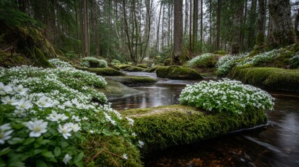 Obraz premium Serene Forest Stream with Blooming Flowers and Lush Green Moss in a Tranquil Nature Scene