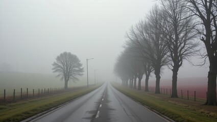 Fototapeta premium Foggy Road Surrounded by Leafless Trees in a Serene Countryside Landscape