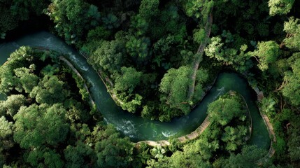 Fototapeta premium Aerial View of Serpentine River Flowing Through Lush Green Jungle in a Vibrant Ecosystem