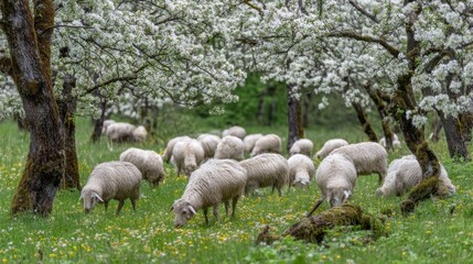 Naklejka premium Grazing Sheep in a Serene Orchard Surrounded by Blossoming Trees in a Picturesque Rural Landscape