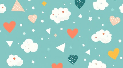 Playful pattern of shapes and clouds on teal background.