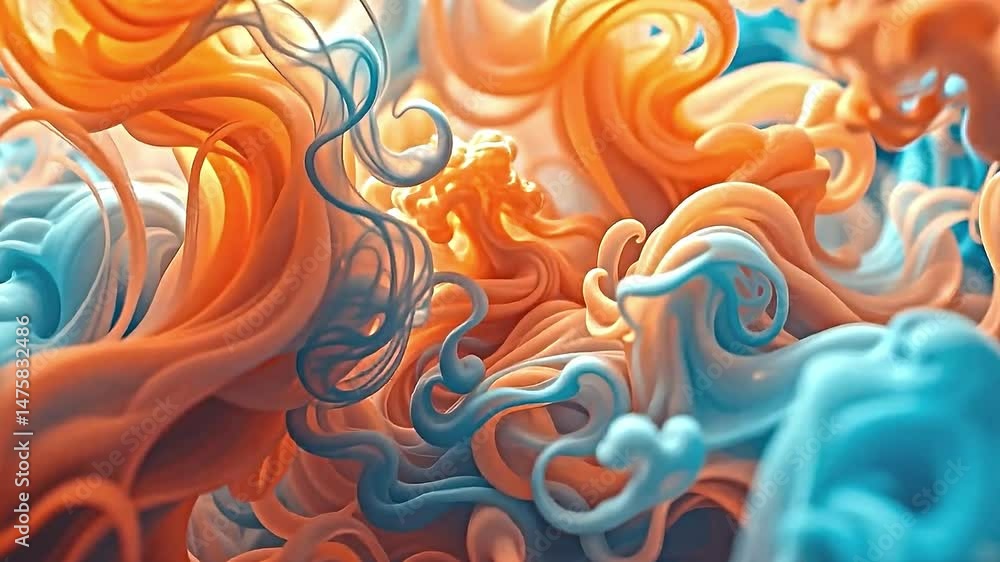 Poster blend of vibrant orange soft blue swirls creating abstract dynamic visual composition. swirling form