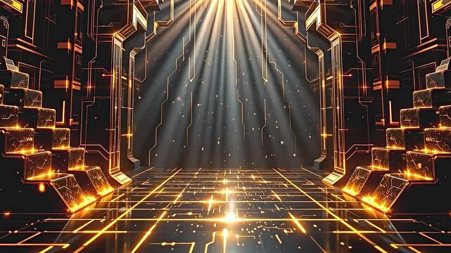 futuristic high-tech environment intricate circuitry patterns glowing orange lines that create sense of depth movement. scene dominated bright beam of light that appears to emanate from...