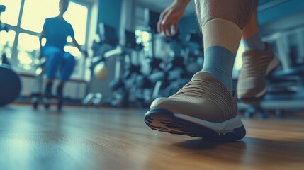 Gym interior with exercise equipment and person walking on wooden floor