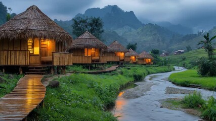 Scenic view of traditional huts alongside a river, with mountains in the background during twilight.