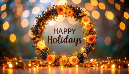 Naklejka premium Wreath with flowers and lights in the background text happy holiday