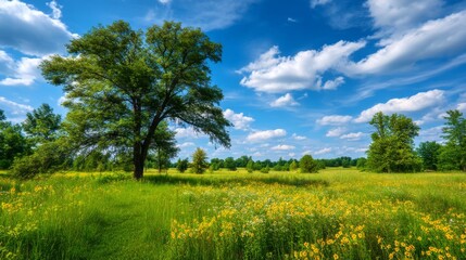 Obraz premium Tranquil Summer Landscape with Lush Green Fields and Vibrant Wildflowers Under a Clear Blue Sky and Fluffy White Clouds