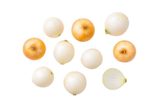 Whole pearl onion isolated flat lay vegetable photo on transparent background studio lighting macro