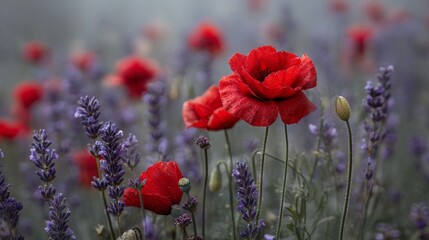 Naklejka premium Vibrant Red Poppies Surrounded by Lavender Blooms in a Serene Garden Setting Captured in Soft Morning Light