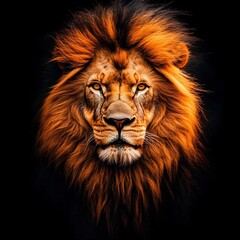 Obraz premium Majestic lion portrait showcasing powerful presence against a dark backdrop