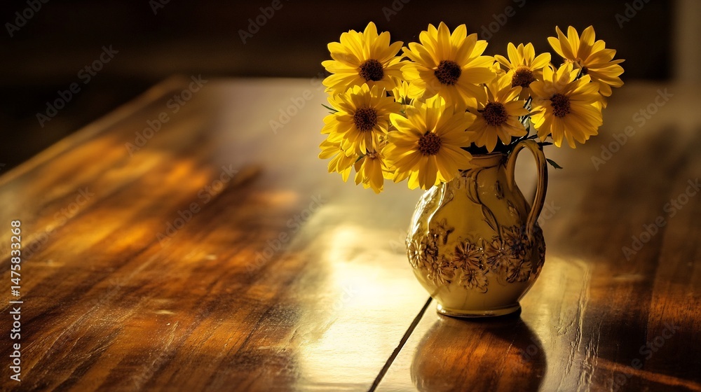 Poster yellow flowers a vintage vase with intricate details sitting on a polished wooden surface soft ambie