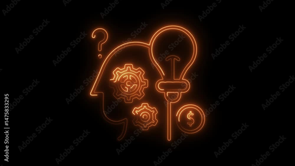 Poster idea generation process animation with gears lightbulb dollar symbol and question marks on a black b