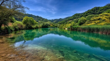 Serene Landscape with Clear Water, Lush Green Hills, and Blue Sky Reflected in Tranquil River in a Picturesque Nature Scene