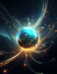 Obraz premium Abstract representation of energy waves surrounding a glowing sphere in space.