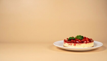 cheesecake with strawberry toping on a white plate