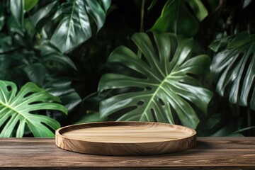 Wooden tray on dark wood, lush tropical foliage backdrop