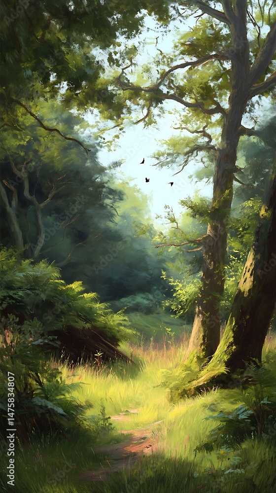 Poster sunlit forest path leads through dense greenery and towering trees