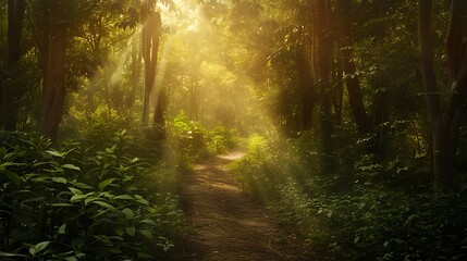 Obraz premium Sunlit Forest Path Leading Through Dense Green Foliage with Sunlight Beams