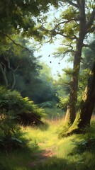 Obraz premium Sunlit Forest Path Leads Through Dense Greenery And Towering Trees