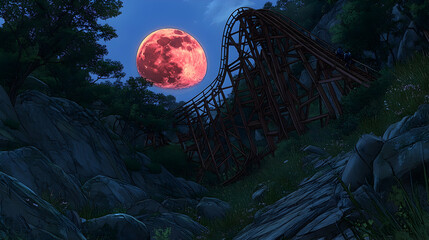 Fototapeta premium Enigmatic nighttime scene abandoned rollercoaster silhouetted against a crimson moon, nestled in a rocky, overgrown landscape. Mysterious and atmospheric.