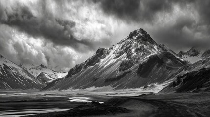 Dramatic Mountain Landscape Under Dark Stormy Clouds in Black and White with Snow-Covered Peaks and Wild Terrain