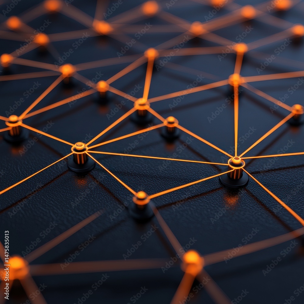 Poster abstract illustration of interconnected nodes and lines, showcasing a network design with vibrant or