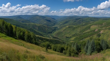 Naklejka premium Expansive Mountain Landscape with Lush Green Valleys and Dramatic Cloudy Sky in Remote Wilderness Area